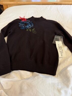 Teri Jon Brown Mock-Neck Sweater with Blue and Red Floral Appliqué